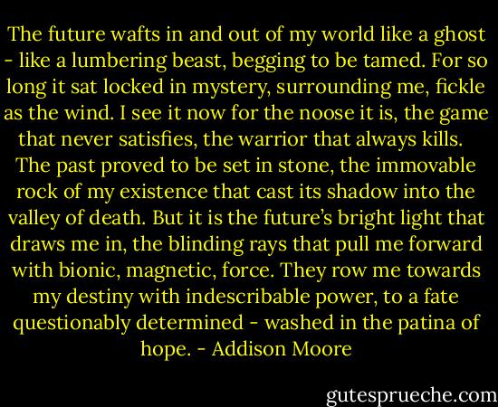 The future wafts in and out of my world like a ghost - like a lumbering beast, begging to be tamed. For so long it sat locked in mystery, surrounding me, fickle as the wind. I see it now for the noose it is, the game that never satisfies, the warrior that always kills.<br /><br /><br />The past proved to be set in stone, the immovable rock of my existence that cast its shadow into the valley of death. But it is the future’s bright light that draws me in, the blinding rays that pull me forward with bionic, magnetic, force. They row me towards my destiny with indescribable power, to a fate questionably determined - washed in the patina of hope. - Addison Moore