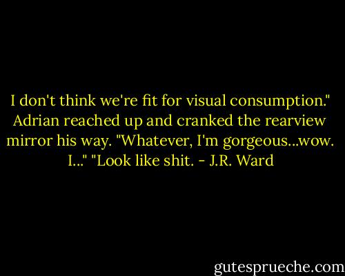 I don't think we're fit for visual consumption."<br />Adrian reached up and cranked the rearview mirror his way. "Whatever, I'm gorgeous...wow. I..."<br />"Look like shit. - J.R. Ward