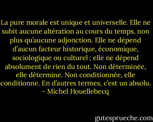 La pure morale est unique et universelle. Elle ne subit aucune altération au cours du temps, non plus qu’aucune adjonction. Elle ne dépend d’aucun facteur historique, économique, sociologique ou culturel ; elle ne dépend absolument de rien du tout. Non déterminée, elle détermine. Non conditionnée, elle conditionne. En d’autres termes, c’est un absolu. - Michel Houellebecq