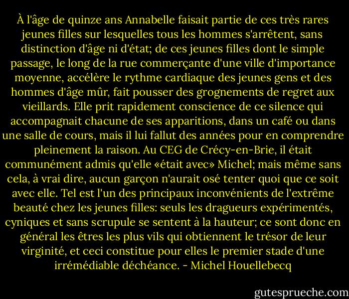 À l'âge de quinze ans Annabelle faisait partie de ces très rares jeunes filles sur lesquelles tous les hommes s'arrêtent, sans distinction d'âge ni d'état; de ces jeunes filles dont le simple passage, le long de la rue commerçante d'une ville d'importance moyenne, accélère le rythme cardiaque des jeunes gens et des hommes d'âge mûr, fait pousser des grognements de regret aux vieillards. Elle prit rapidement conscience de ce silence qui accompagnait chacune de ses apparitions, dans un café ou dans une salle de cours, mais il lui fallut des années pour en comprendre pleinement la raison. Au CEG de Crécy-en-Brie, il était communément admis qu'elle «était avec» Michel; mais même sans cela, à vrai dire, aucun garçon n'aurait osé tenter quoi que ce soit avec elle. Tel est l'un des principaux inconvénients de l'extrême beauté chez les jeunes filles: seuls les dragueurs expérimentés, cyniques et sans scrupule se sentent à la hauteur; ce sont donc en général les êtres les plus vils qui obtiennent le trésor de leur virginité, et ceci constitue pour elles le premier stade d'une irrémédiable déchéance. - Michel Houellebecq