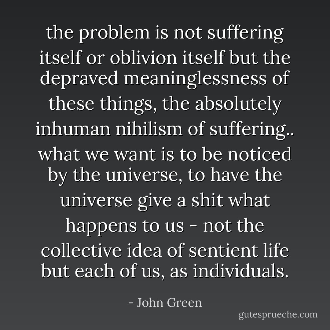 the problem is not suffering itself or oblivion itself but the depraved meaninglessness of these things, the absolutely inhuman nihilism of suffering.. what we want is to be noticed by the universe, to have the universe give a shit what happens to us - not the collective idea of sentient life but each of us, as individuals. - John Green