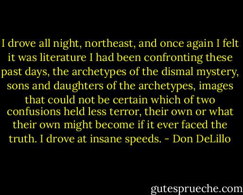 I drove all night, northeast, and once again I felt it was literature I had been confronting these past days, the archetypes of the dismal mystery, sons and daughters of the archetypes, images that could not be certain which of two confusions held less terror, their own or what their own might become if it ever faced the truth. I drove at insane speeds. - Don DeLillo