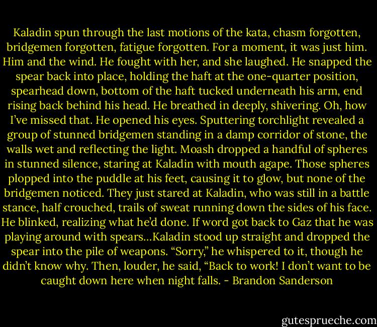 Kaladin spun through the last motions of the kata, chasm forgotten, bridgemen forgotten, fatigue forgotten. For a moment, it was just him. Him and the wind. He fought with her, and she laughed.<br />He snapped the spear back into place, holding the haft at the one-quarter position, spearhead down, bottom of the haft tucked underneath his arm, end rising back behind his head. He breathed in deeply, shivering.<br />Oh, how I’ve missed that.<br />He opened his eyes. Sputtering torchlight revealed a group of stunned bridgemen standing in a damp corridor of stone, the walls wet and reflecting the light. Moash dropped a handful of spheres in stunned silence, staring at Kaladin with mouth agape. Those spheres plopped into the puddle at his feet, causing it to glow, but none of the bridgemen noticed. They just stared at Kaladin, who was still in a battle stance, half crouched, trails of sweat running down the sides of his face.<br />He blinked, realizing what he’d done. If word got back to Gaz that he was playing around with spears…Kaladin stood up straight and dropped the spear into the pile of weapons. “Sorry,” he whispered to it, though he didn’t know why. Then, louder, he said, “Back to work! I don’t want to be caught down here when night falls. - Brandon Sanderson