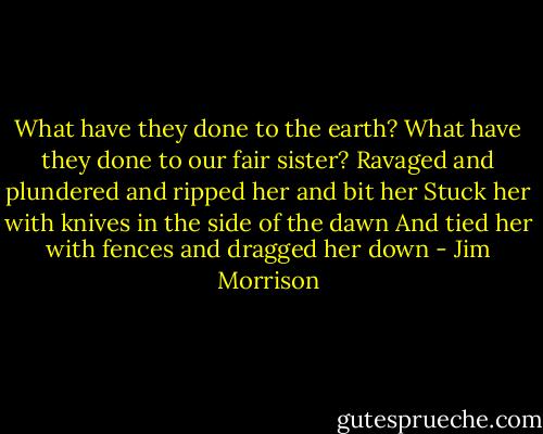 What have they done to the earth?<br />What have they done to our fair sister?<br />Ravaged and plundered and ripped her and bit her<br />Stuck her with knives in the side of the dawn<br />And tied her with fences and dragged her down - Jim Morrison