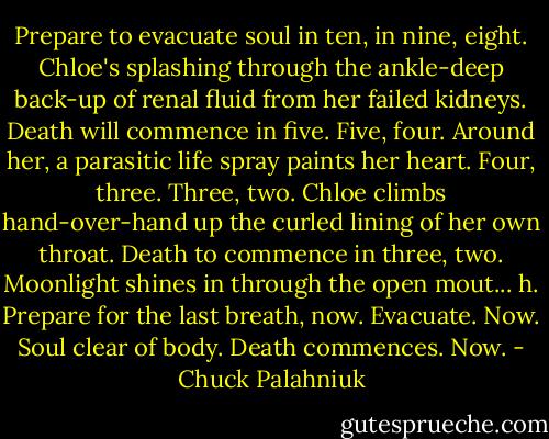 Prepare to evacuate soul in ten, in nine, eight.<br />Chloe's splashing through the ankle-deep back-up of renal fluid from her failed kidneys.<br />Death will commence in five.<br />Five, four.<br />Around her, a parasitic life spray paints her heart.<br />Four, three.<br />Three, two.<br />Chloe climbs hand-over-hand up the curled lining of her own throat.<br />Death to commence in three, two.<br />Moonlight shines in through the open mout...<br />h.<br />Prepare for the last breath, now.<br />Evacuate.<br />Now.<br />Soul clear of body.<br />Death commences.<br />Now. - Chuck Palahniuk
