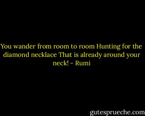 You wander from room to room<br />Hunting for the diamond necklace<br />That is already around your neck! - Rumi