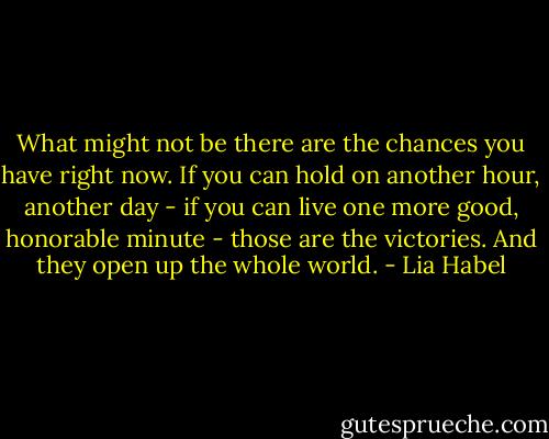 What might not be there are the chances you have right now. If you can hold on another hour, another day - if you can live one more good, honorable minute - those are the victories. And they open up the whole world. - Lia Habel