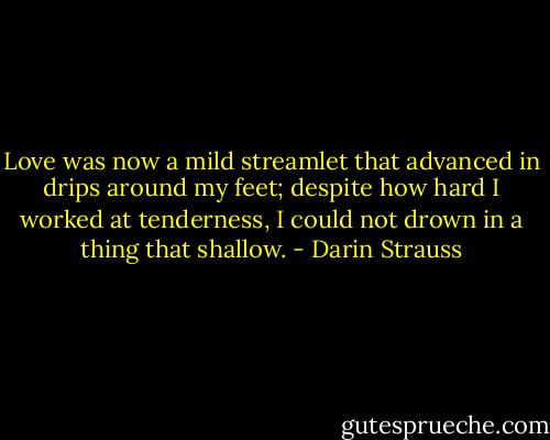 Love was now a mild streamlet that advanced in drips around my feet; despite how hard I worked at tenderness, I could not drown in a thing that shallow. - Darin Strauss