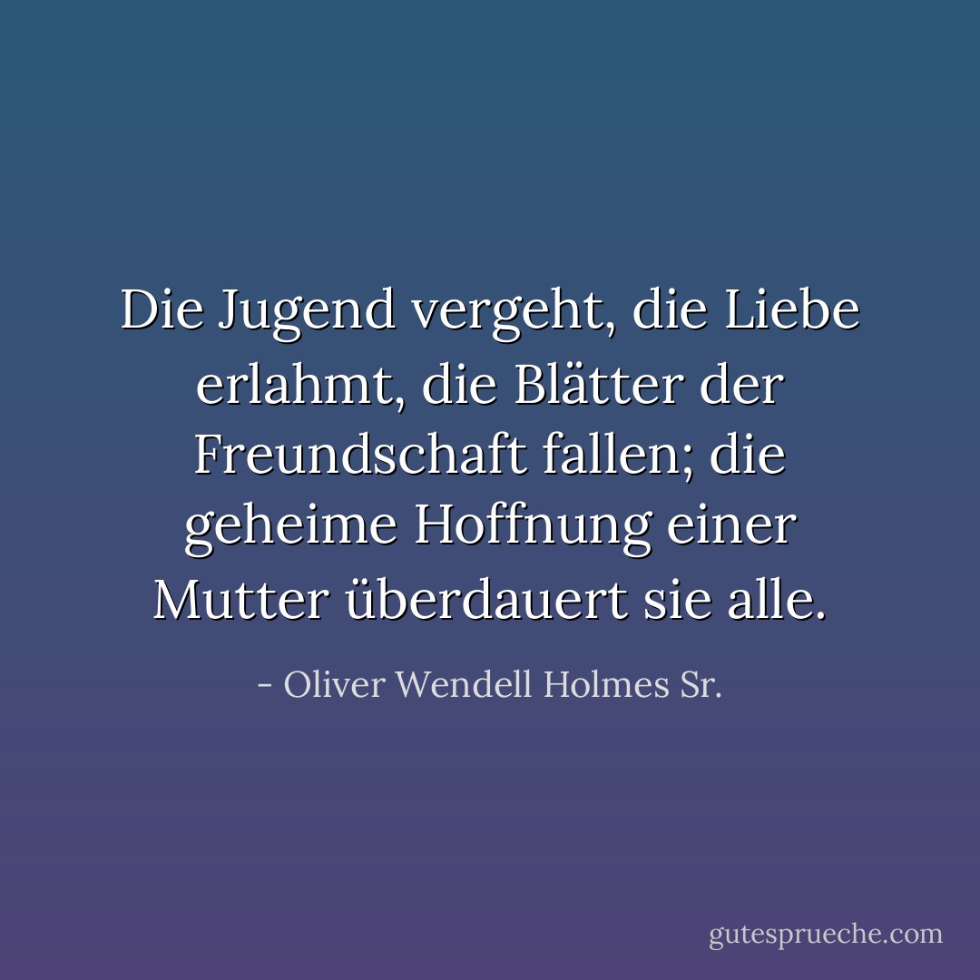 Die Jugend vergeht, die Liebe erlahmt, die Blätter der Freundschaft fallen; die geheime Hoffnung einer Mutter überdauert sie alle. - Oliver Wendell Holmes Sr.<