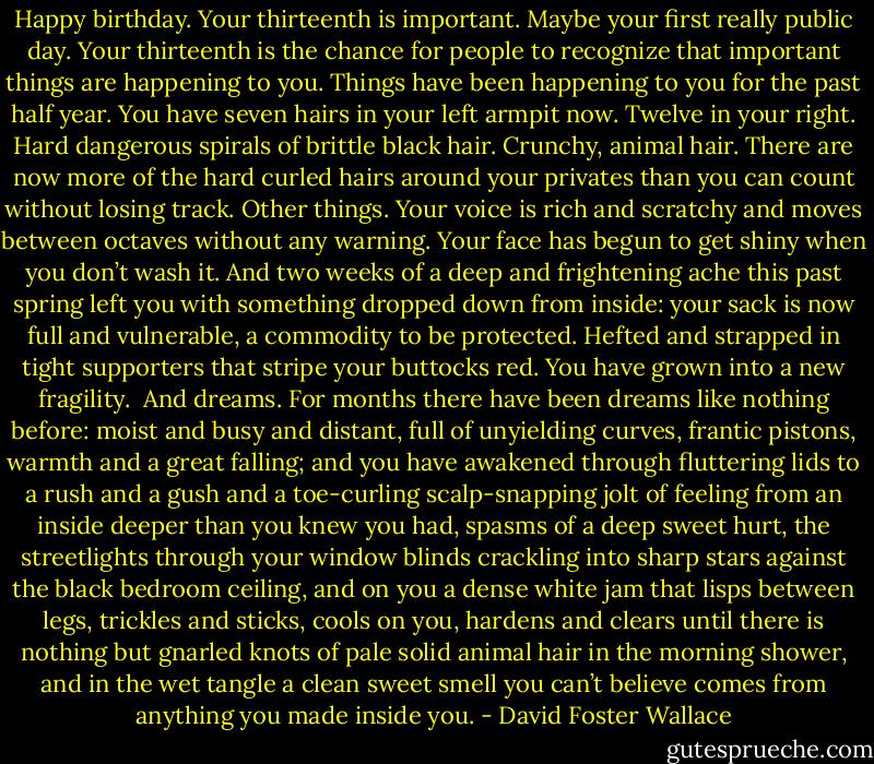 Happy birthday. Your thirteenth is important. Maybe your first really public day. Your thirteenth is the chance for people to recognize that important things are happening to you.<br />Things have been happening to you for the past half year. You have seven hairs in your left armpit now. Twelve in your right. Hard dangerous spirals of brittle black hair. Crunchy, animal hair. There are now more of the hard curled hairs around your privates than you can count without losing track. Other things. Your voice is rich and scratchy and moves between octaves without any warning. Your face has begun to get shiny when you don’t wash it. And two weeks of a deep and frightening ache this past spring left you with something dropped down from inside: your sack is now full and vulnerable, a commodity to be protected. Hefted and strapped in tight supporters that stripe your buttocks red. You have grown into a new fragility.<br /><br />And dreams. For months there have been dreams like nothing before: moist and busy and distant, full of unyielding curves, frantic pistons, warmth and a great falling; and you have awakened through fluttering lids to a rush and a gush and a toe-curling scalp-snapping jolt of feeling from an inside deeper than you knew you had, spasms of a deep sweet hurt, the streetlights through your window blinds crackling into sharp stars against the black bedroom ceiling, and on you a dense white jam that lisps between legs, trickles and sticks, cools on you, hardens and clears until there is nothing but gnarled knots of pale solid animal hair in the morning shower, and in the wet tangle a clean sweet smell you can’t believe comes from anything you made inside you. - David Foster Wallace