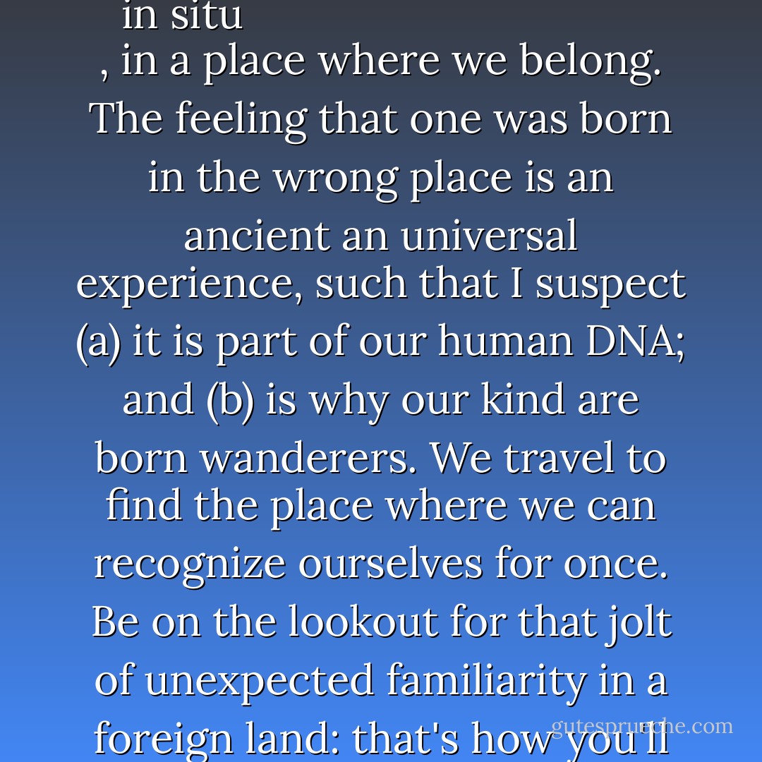 Travel Tip: The term is <b>
  <i>in situ</i>
</b> -- in the place of origin. We travel to put ourselves <b>
  <i>in situ</i>
</b>, in a place where we <i>belong</i>. The feeling that one was born in the wrong place is an ancient an universal experience, such that I suspect (a) it is part of our human DNA; and (b) is why our kind are born wanderers. We travel to find the place where we can <b>recognize ourselves</b> for once. Be on the lookout for that jolt of unexpected familiarity in a foreign land: that's how you'll know <b>you</b> are <b>
  <i>in situ</i>
</b>. - Vivian Swift