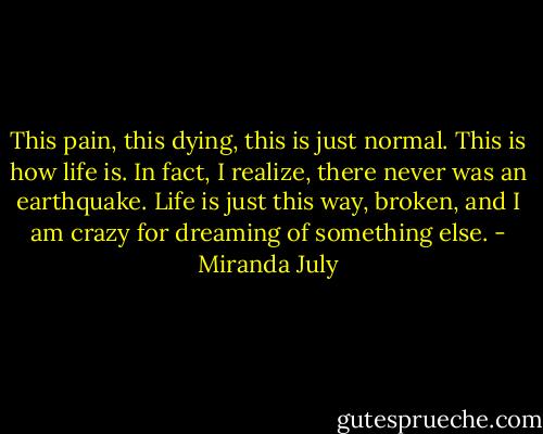 This pain, this dying, this is just normal. This is how life is. In fact, I realize, there never was an earthquake. Life is just this way, broken, and I am crazy for dreaming of something else. - Miranda July
