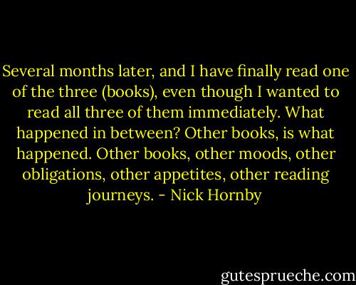 Several months later, and I have finally read one of the three (books), even though I wanted to read all three of them immediately. What happened in between? Other books, is what happened. Other books, other moods, other obligations, other appetites, other reading journeys. - Nick Hornby