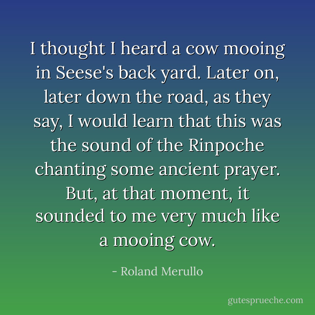 I thought I heard a cow mooing in Seese's back yard. Later on, later down the road, as they say, I would learn that this was the sound of the Rinpoche chanting some ancient prayer. But, at that moment, it sounded to me very much like a mooing cow. - Roland Merullo