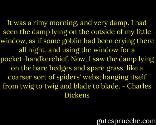 It was a rimy morning, and very damp. I had seen the damp lying on the outside of my little window, as if some goblin had been crying there all night, and using the window for a pocket-handkerchief. Now, I saw the damp lying on the bare hedges and spare grass, like a coarser sort of spiders' webs; hanging itself from twig to twig and blade to blade. - Charles Dickens