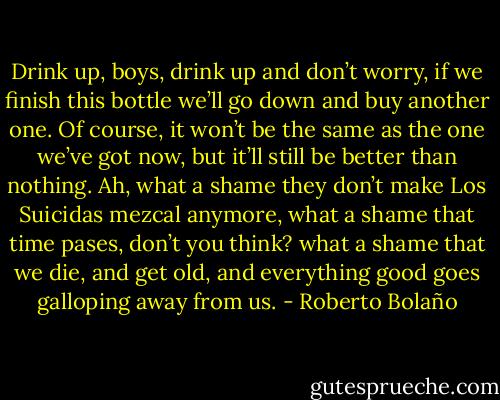 Drink up, boys, drink up and don’t worry, if we finish this bottle we’ll go down and buy another one. Of course, it won’t be the same as the one we’ve got now, but it’ll still be better than nothing. Ah, what a shame they don’t make Los Suicidas mezcal anymore, what a shame that time pases, don’t you think? what a shame that we die, and get old, and everything good goes galloping away from us. - Roberto Bolaño