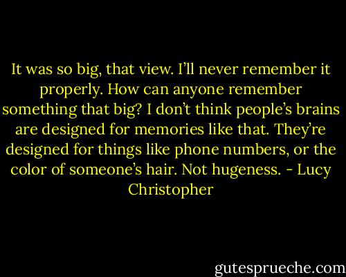 It was so big, that view. I’ll never remember it properly. How can anyone remember something that big? I don’t think people’s brains are designed for memories like that. They’re designed for things like phone numbers, or the color of someone’s hair. Not hugeness. - Lucy Christopher