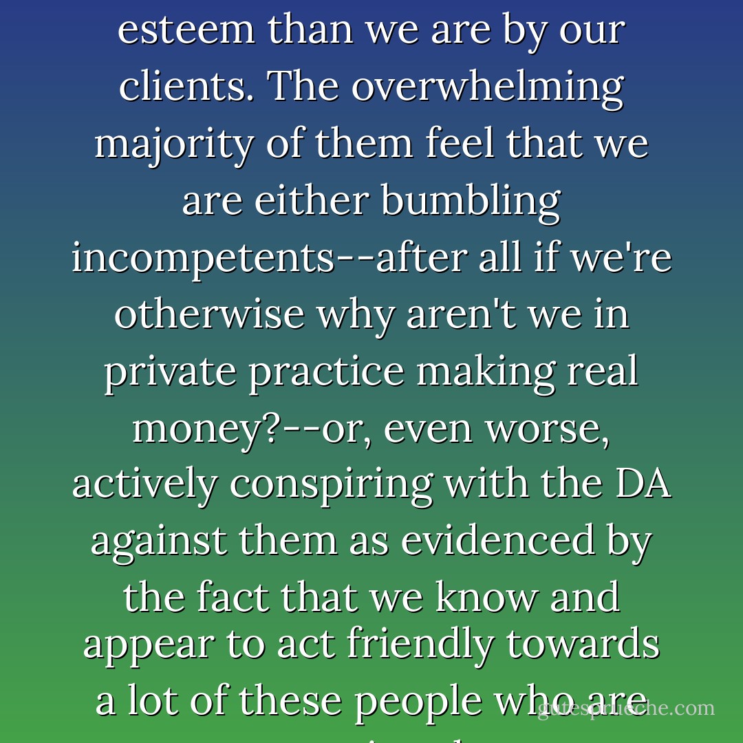 It's hard to imagine any group of people being held in less esteem than we are by our clients. The overwhelming majority of them feel that we are either bumbling incompetents--after all if we're otherwise why aren't we in private practice making real money?--or, even worse, actively conspiring with the DA against them as evidenced by the fact that we know and appear to act friendly towards a lot of these people who are prosecuting them. - Sergio de la Pava