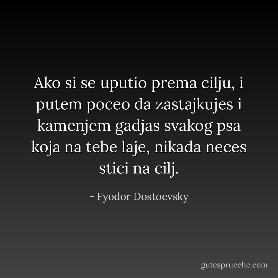 Ako si se uputio prema cilju, i putem poceo da zastajkujes i kamenjem gadjas svakog psa koja na tebe laje, nikada neces stici na cilj. - Fyodor Dostoevsky