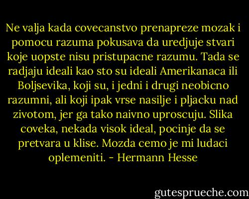 Ne valja kada covecanstvo prenapreze mozak i pomocu razuma pokusava da uredjuje stvari koje uopste nisu pristupacne razumu. Tada se radjaju ideali kao sto su ideali Amerikanaca ili Boljsevika, koji su, i jedni i drugi neobicno razumni, ali koji ipak vrse nasilje i pljacku nad zivotom, jer ga tako naivno uproscuju. Slika coveka, nekada visok ideal, pocinje da se pretvara u klise. Mozda cemo je mi ludaci oplemeniti. - Hermann Hesse