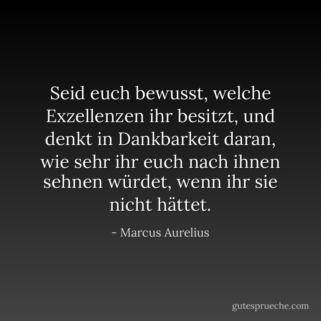 Seid euch bewusst, welche Exzellenzen ihr besitzt, und denkt in Dankbarkeit daran, wie sehr ihr euch nach ihnen sehnen würdet, wenn ihr sie nicht hättet. - Marcus Aurelius<