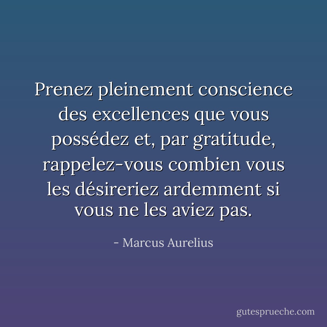 Prenez pleinement conscience des excellences que vous possédez et, par gratitude, rappelez-vous combien vous les désireriez ardemment si vous ne les aviez pas. - Marcus Aurelius