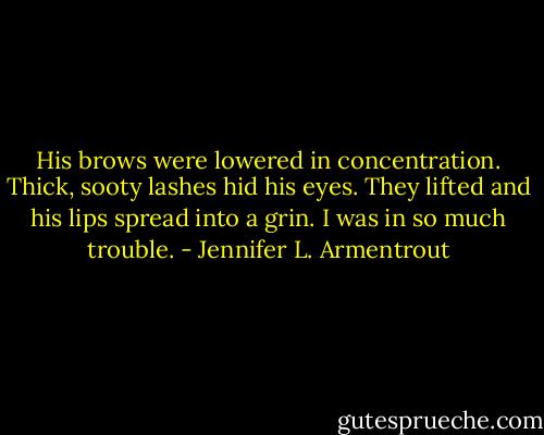 His brows were lowered in concentration. Thick, sooty lashes hid his eyes.<br />They lifted and his lips spread into a grin.<br />I was in so much trouble. - Jennifer L. Armentrout
