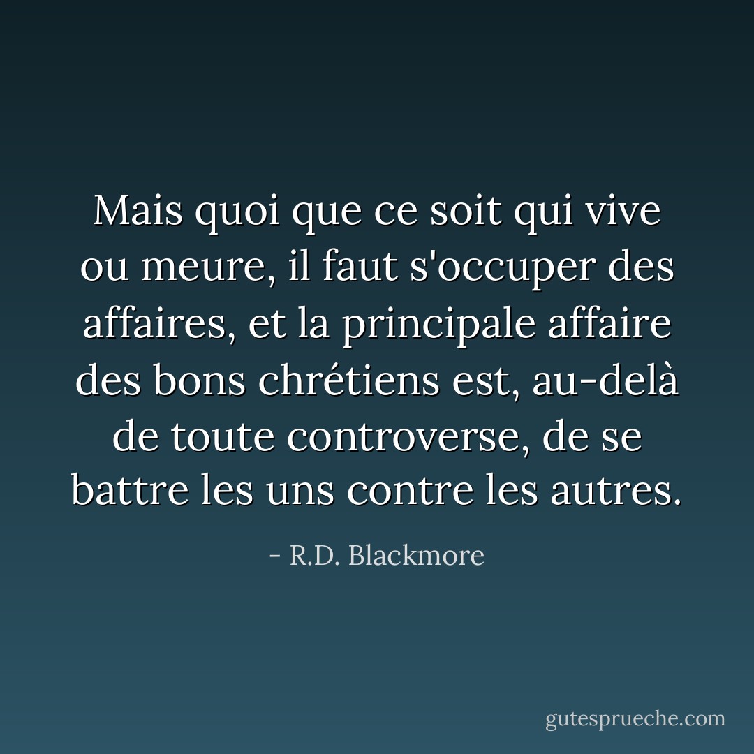 Mais quoi que ce soit qui vive ou meure, il faut s'occuper des affaires, et la principale affaire des bons chrétiens est, au-delà de toute controverse, de se battre les uns contre les autres. - R.D. Blackmore