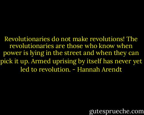 Revolutionaries do not make revolutions! The revolutionaries are those who know when power is lying in the street and when they can pick it up. Armed uprising by itself has never yet led to revolution. - Hannah Arendt