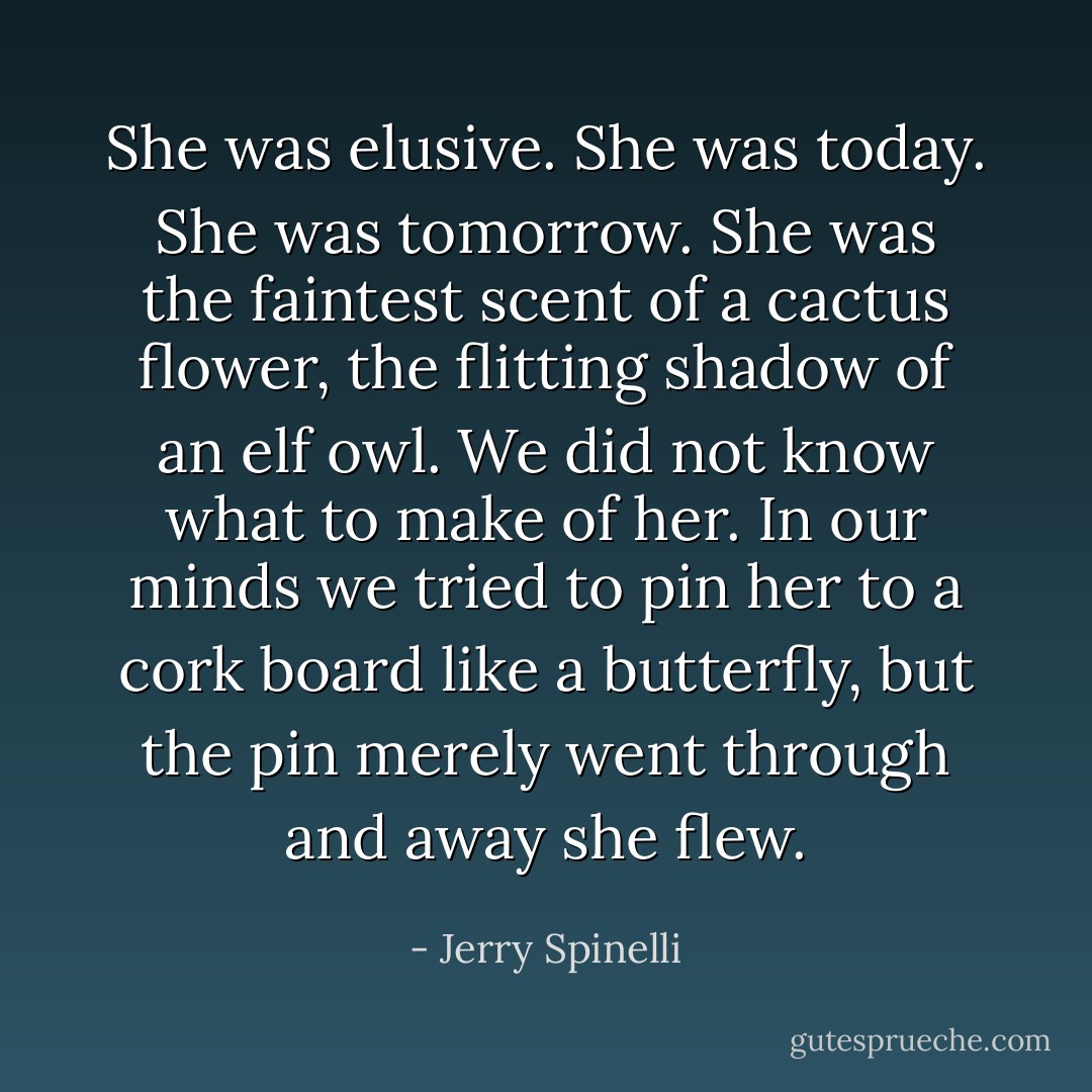 She was elusive. She was today. She was tomorrow. She was the faintest scent of a cactus flower, the flitting shadow of an elf owl. We did not know what to make of her. In our minds we tried to pin her to a cork board like a butterfly, but the pin merely went through and away she flew. - Jerry Spinelli