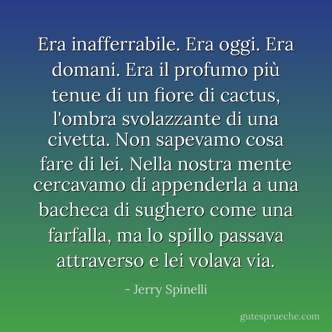 Era inafferrabile. Era oggi. Era domani. Era il profumo più tenue di un fiore di cactus, l'ombra svolazzante di una civetta. Non sapevamo cosa fare di lei. Nella nostra mente cercavamo di appenderla a una bacheca di sughero come una farfalla, ma lo spillo passava attraverso e lei volava via. - Jerry Spinelli