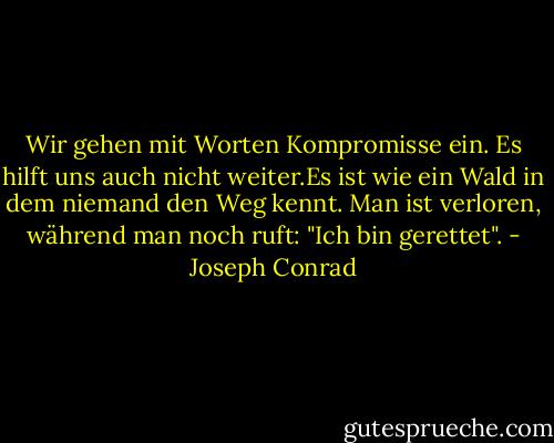 Wir gehen mit Worten Kompromisse ein. Es hilft uns auch nicht weiter.Es ist wie ein Wald in dem niemand den Weg kennt. Man ist verloren, während man noch ruft: "Ich bin gerettet". - Joseph Conrad