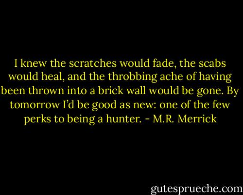 I knew the scratches would fade, the scabs would heal, and the throbbing ache of having been thrown into a brick wall would be gone. By tomorrow I’d be good as new: one of the few perks to being a hunter. - M.R. Merrick