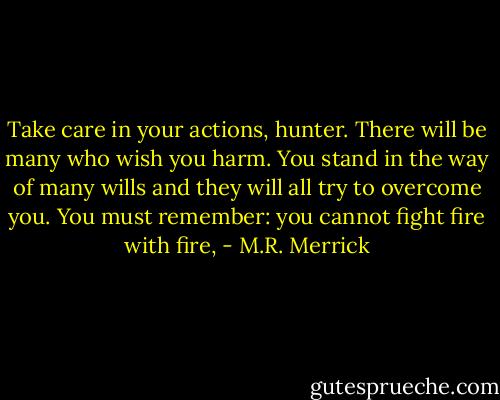 Take care in your actions, hunter. There will be many who wish you harm. You stand in the way of many wills and they will all try to overcome you. You must remember: you cannot fight fire with fire, - M.R. Merrick