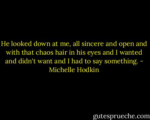 He looked down at me, all sincere and open and with that chaos hair in his eyes and I wanted and didn't want and I had to say something. - Michelle Hodkin
