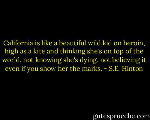 California is like a beautiful wild kid on heroin, high as a kite and thinking she's on top of the world, not knowing she's dying, not believing it even if you show her the marks. - S.E. Hinton