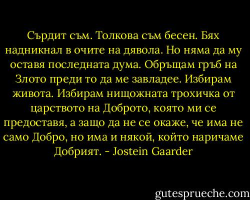 Сърдит съм. Толкова съм бесен. Бях надникнал в очите на дявола. Но няма да му оставя последната дума. Обръщам гръб на Злото преди то да ме завладее. Избирам живота. Избирам нищожната трохичка от царството на Доброто, която ми се предоставя, а защо да не се окаже, че има не само Добро, но има и някой, който наричаме Добрият. - Jostein Gaarder