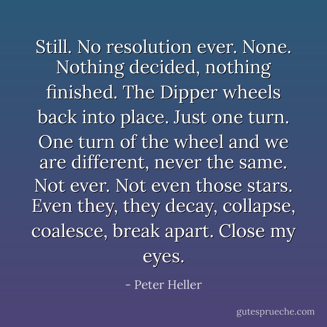 Still. No resolution ever. None. Nothing decided, nothing finished. The Dipper wheels back into place. Just one turn. One turn of the wheel and we are different, never the same. Not ever. Not even those stars. Even they, they decay, collapse, coalesce, break apart. Close my eyes. - Peter Heller