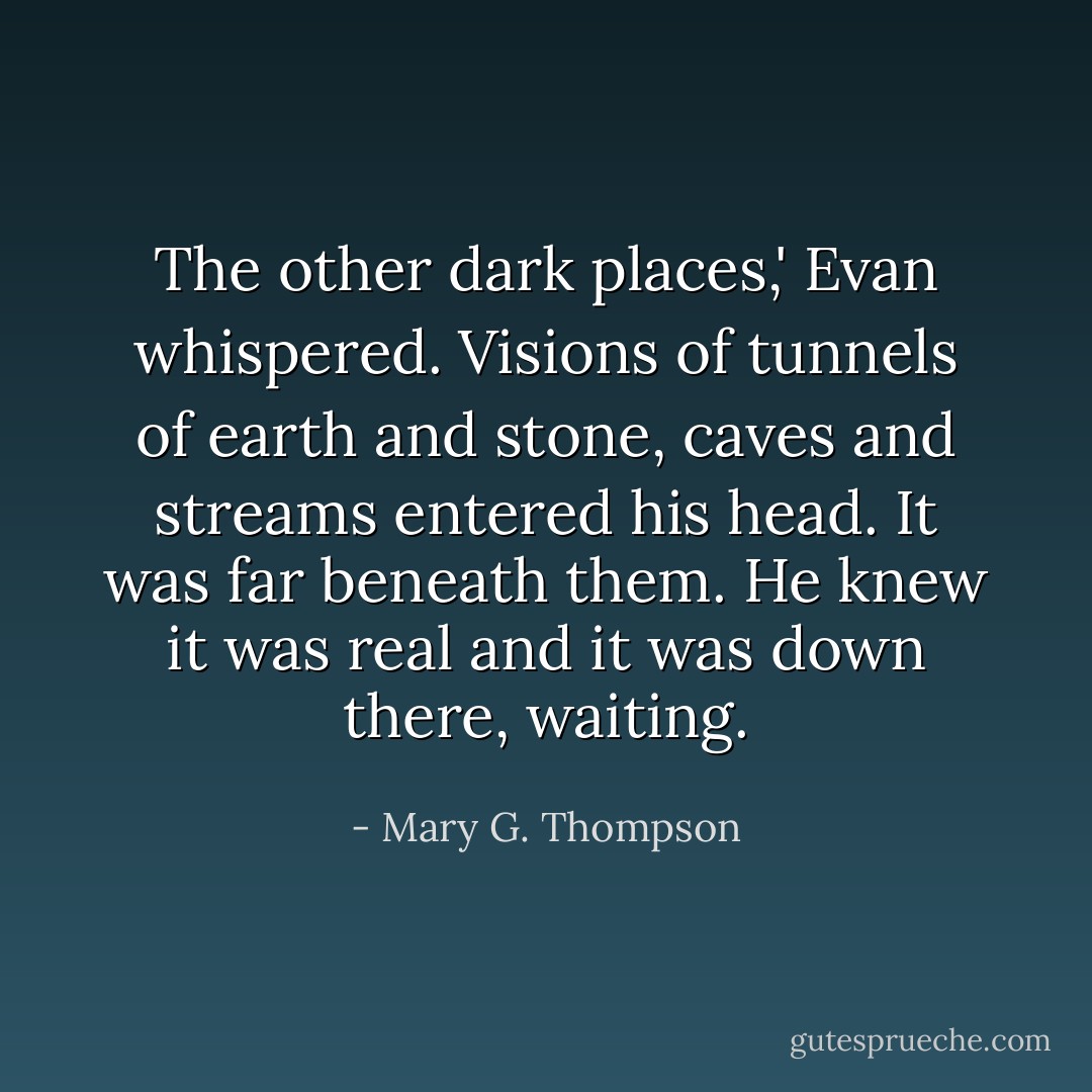 The other dark places,' Evan whispered. Visions of tunnels of earth and stone, caves and streams entered his head. It was far beneath them. He knew it was real and it was down there, waiting. - Mary G. Thompson