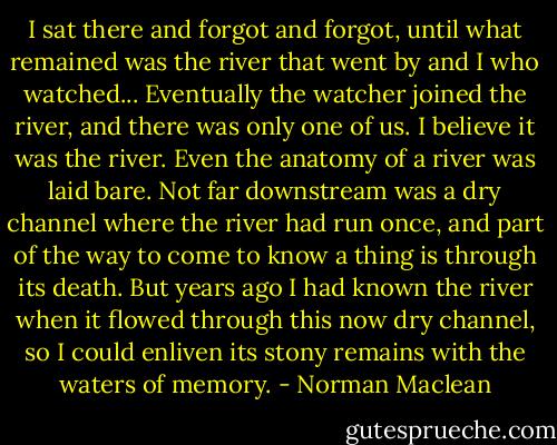 I sat there and forgot and forgot, until what remained was the river that went by and I who watched... Eventually the watcher joined the river, and there was only one of us. I believe it was the river.<br />Even the anatomy of a river was laid bare. Not far downstream was a dry channel where the river had run once, and part of the way to come to know a thing is through its death. But years ago I had known the river when it flowed through this now dry channel, so I could enliven its stony remains with the waters of memory. - Norman Maclean