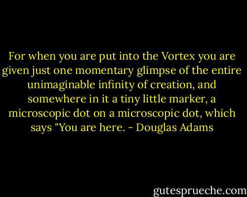 For when you are put into the Vortex you are given just one momentary glimpse of the entire unimaginable infinity of creation, and somewhere in it a tiny little marker, a microscopic dot on a microscopic dot, which says "You are here. - Douglas Adams