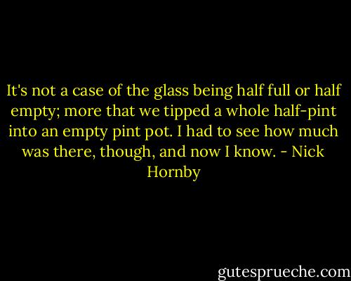 It's not a case of the glass being half full or half empty; more that we tipped a whole half-pint into an empty pint pot. I had to see how much was there, though, and now I know. - Nick Hornby