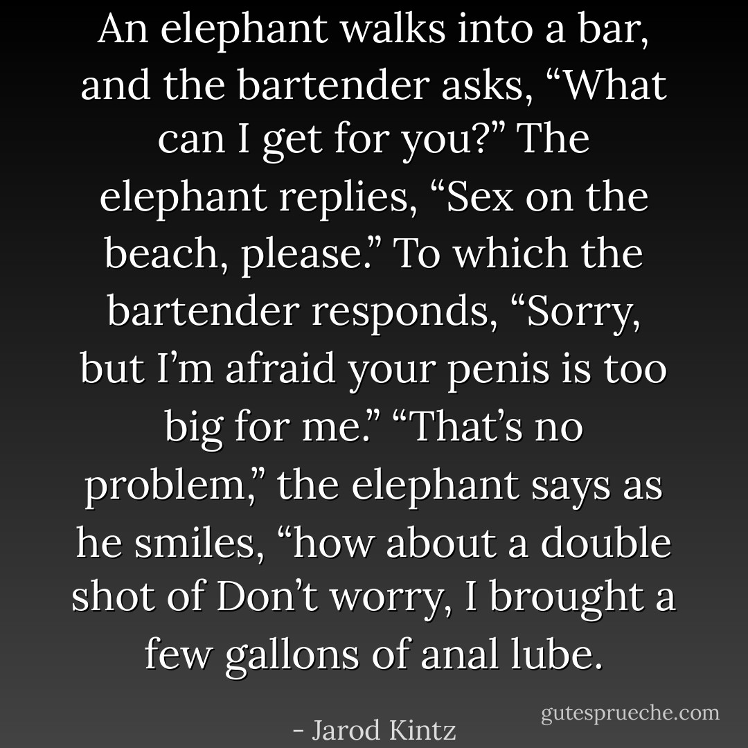 An elephant walks into a bar, and the bartender asks, “What can I get for you?” The elephant replies, “Sex on the beach, please.” To which the bartender responds, “Sorry, but I’m afraid your penis is too big for me.” “That’s no problem,” the elephant says as he smiles, “how about a double shot of Don’t worry, I brought a few gallons of anal lube. - Jarod Kintz
