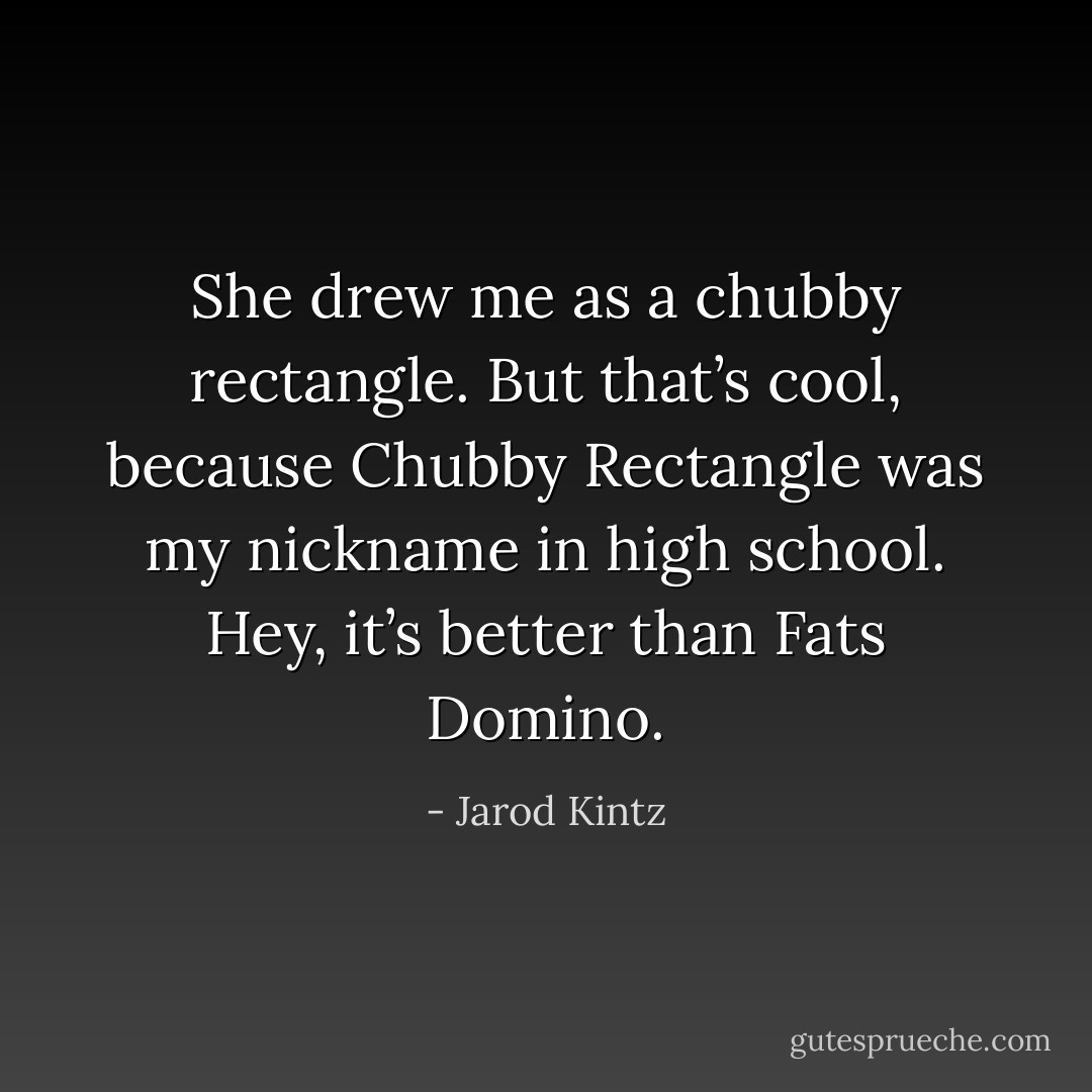 She drew me as a chubby rectangle. But that’s cool, because Chubby Rectangle was my nickname in high school. Hey, it’s better than Fats Domino. - Jarod Kintz