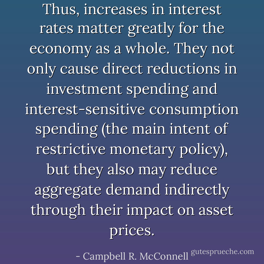 Thus, increases in interest rates matter greatly for the economy as a whole. They not only cause direct reductions in investment spending and interest-sensitive consumption spending (the main intent of restrictive monetary policy), but they also may reduce aggregate demand indirectly through their impact on asset prices. - Campbell R. McConnell