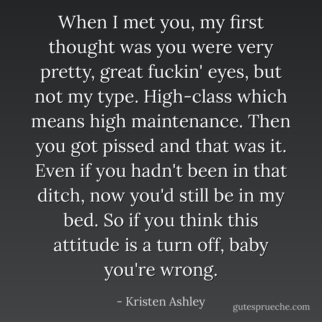 When I met you, my first thought was you were very pretty, great fuckin' eyes, but not my type. High-class which means high maintenance. Then you got pissed and that was it. Even if you hadn't been in that ditch, now you'd still be in my bed. So if you think this attitude is a turn off, baby you're wrong. - Kristen Ashley