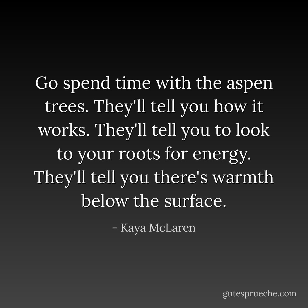 Go spend time with the aspen trees. They'll tell you how it works. They'll tell you to look to your roots for energy. They'll tell you there's warmth below the surface. - Kaya McLaren