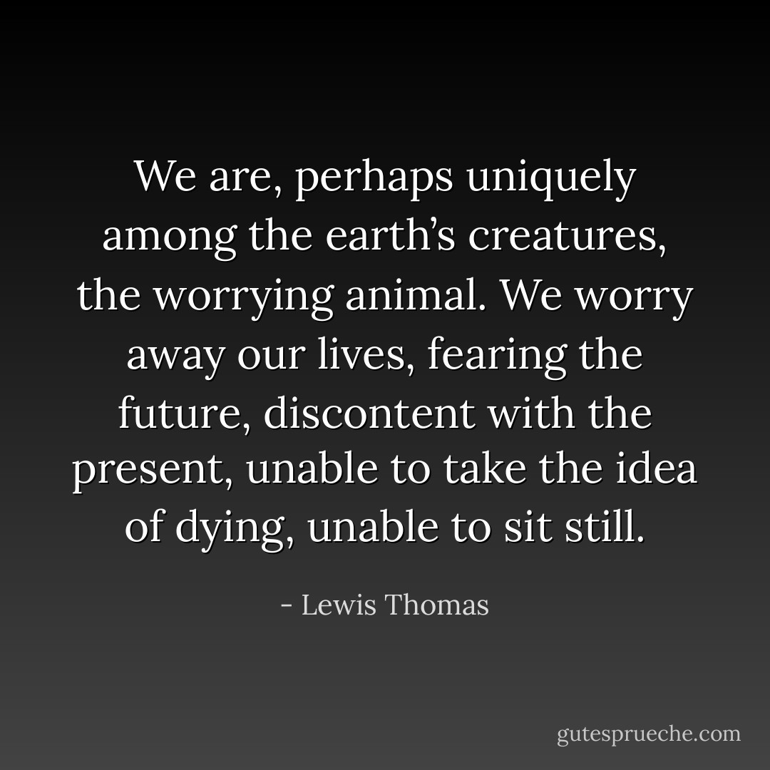 We are, perhaps uniquely among the earth’s creatures, the worrying animal. We worry away our lives, fearing the future, discontent with the present, unable to take the idea of dying, unable to sit still. - Lewis Thomas