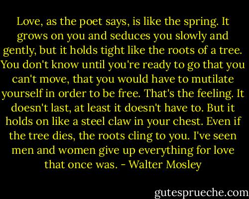 Love, as the poet says, is like the spring. It grows on you and seduces you slowly and gently, but it holds tight like the roots of a tree. You don't know until you're ready to go that you can't move, that you would have to mutilate yourself in order to be free. That's the feeling. It doesn't last, at least it doesn't have to. But it holds on like a steel claw in your chest. Even if the tree dies, the roots cling to you. I've seen men and women give up everything for love that once was. - Walter Mosley