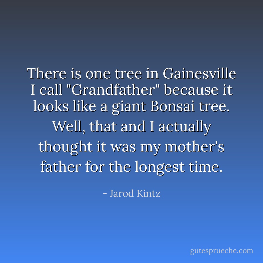 There is one tree in Gainesville I call "Grandfather" because it looks like a giant Bonsai tree. Well, that and I actually thought it was my mother's father for the longest time. - Jarod Kintz